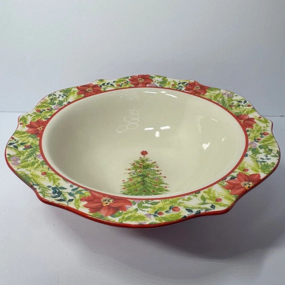 The Pioneer Woman Holiday Cheer 8.3 Inch Stoneware Bowl Christmas Poinsettia Red